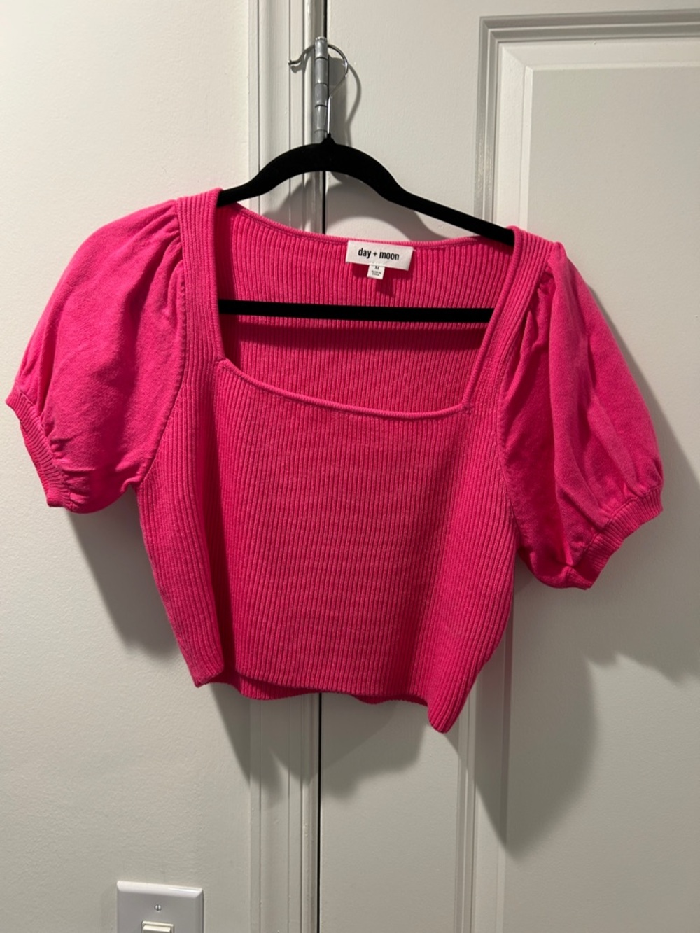 Day + Moon Hot Pink Square-Neck Puff-Sleeve Crop Top